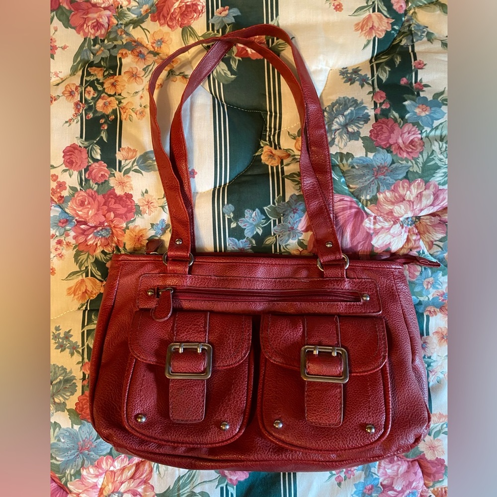Bright red leather shoulder bag